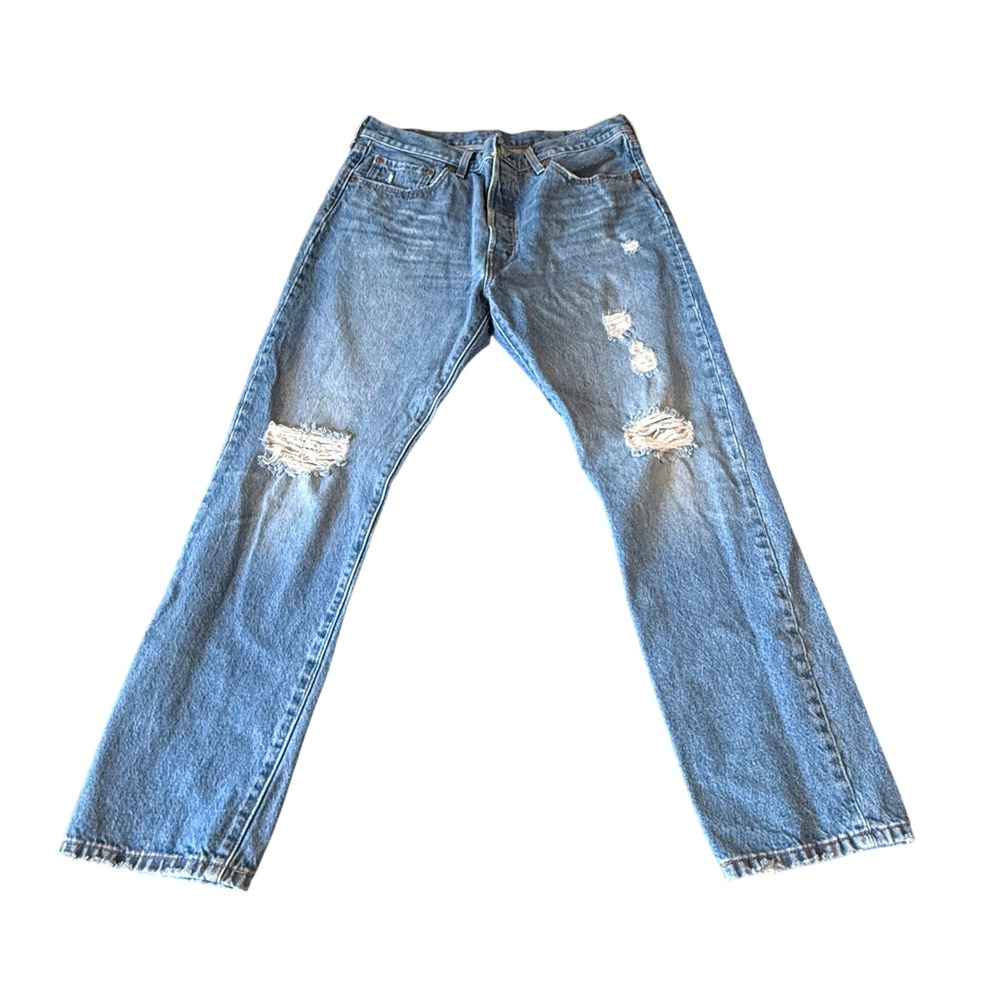 Levis 501 Original Fit Distressed Medium Wash Straight Leg Jeans 32x30